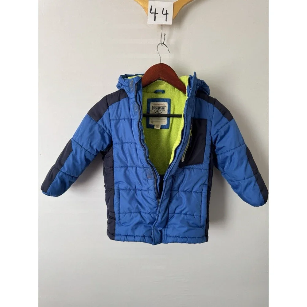 OshKosh B’gosh Boys 5-6 Puffer Jacket Blue Navy Lime Fleece Hooded Winter